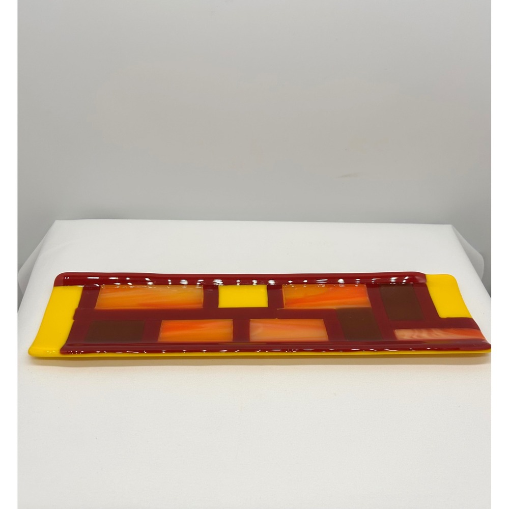 Handmade Fused Glass Geometric Rectangular Tray Yellow Orange Red 12 Inch